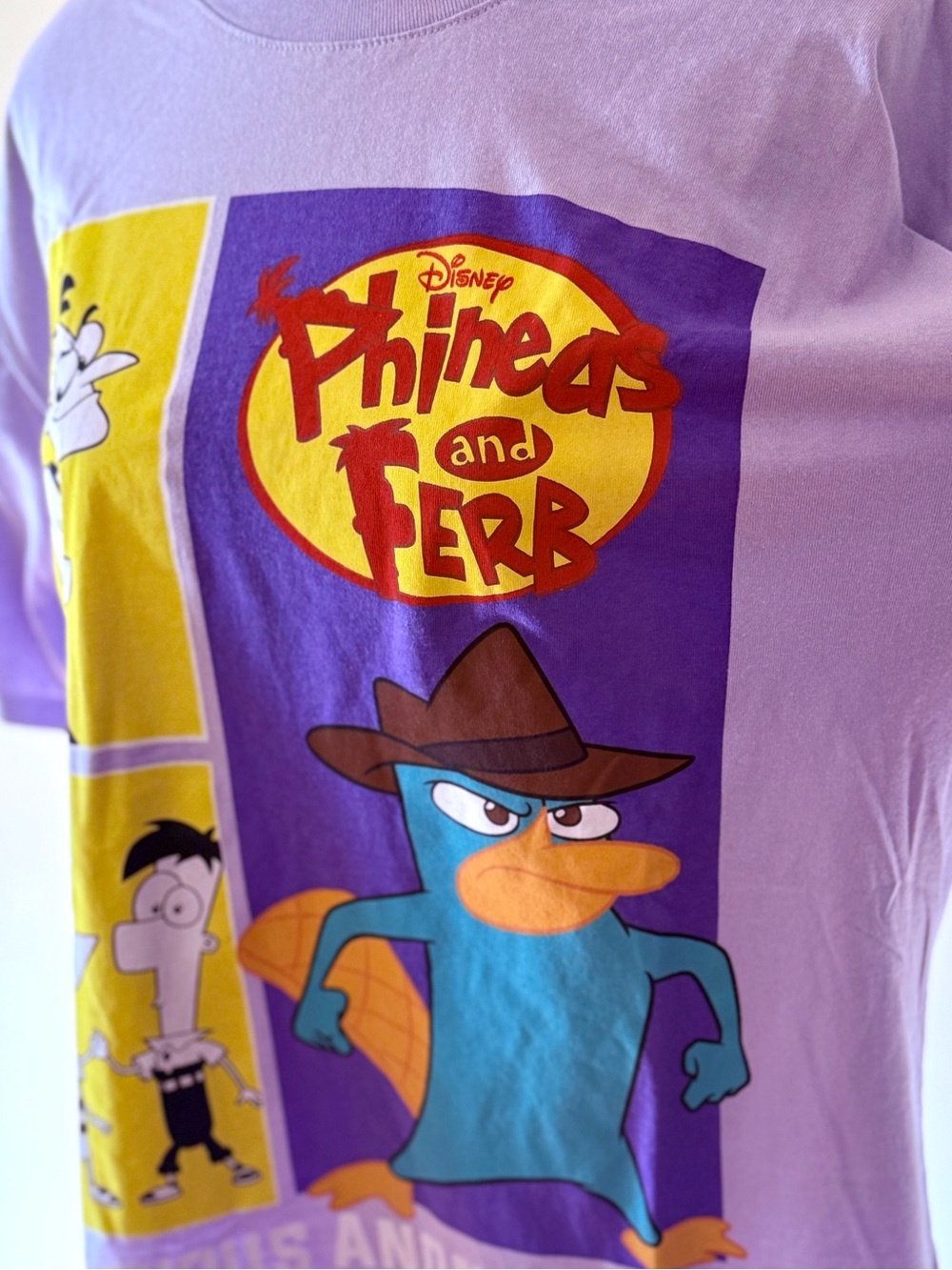 Disney Lavender Phineas and Ferb Character Panel Tee size Large - Picture 3 of 6